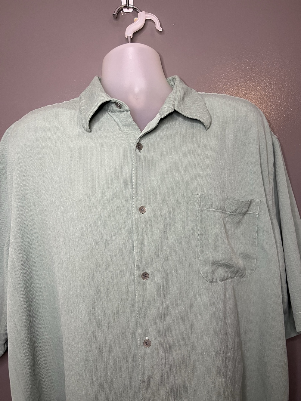Toscano 100% Silk Shirt Mens 2XL Green Solid Short Sleeve Button Up Casual